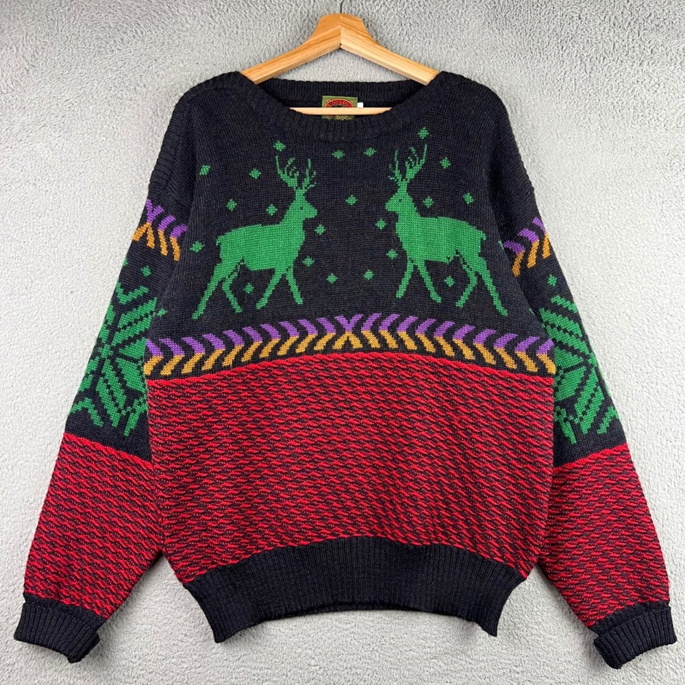 Boston Traders Vintage Mens Pure Wool Reindeer Intarsia Knit Sweater Large Black
